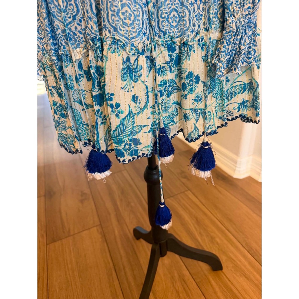 Hemant and Nandita Blue White Floral Metallic Lurex Tassel Mini Dress XS - Picture 4 of 5